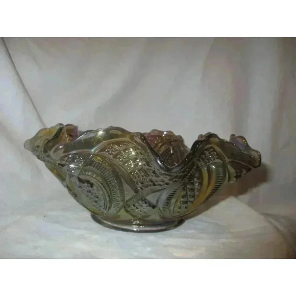 Imperial Glass Smoke Diamond Ring Ruffled‎ Carnival Glass Bowl, - Picture 2 of 6